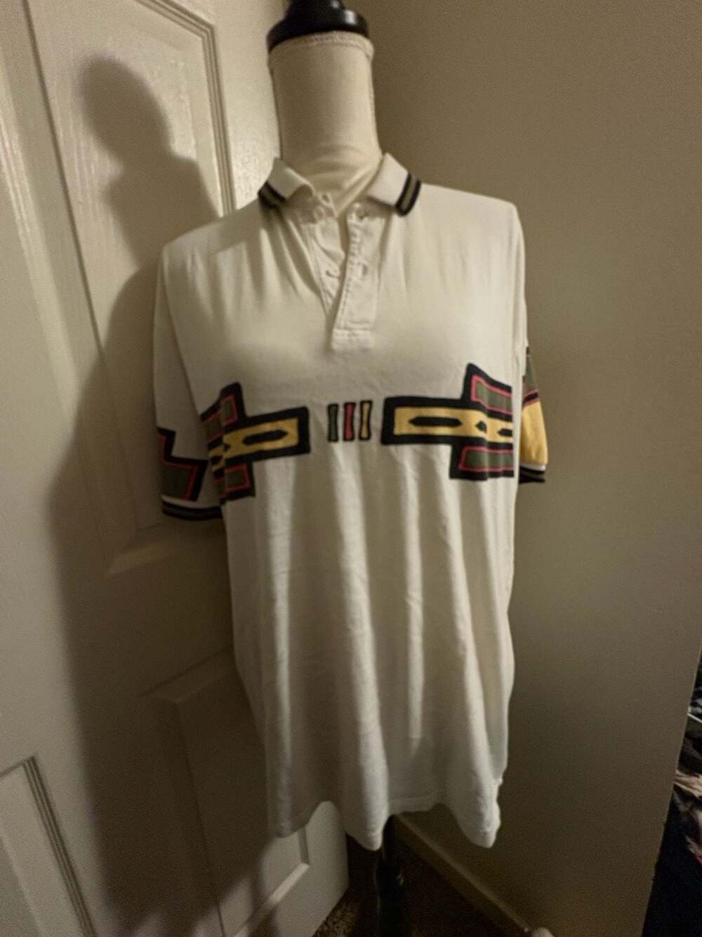 Vintage Head Men's Tennis Polo Shirt White Native Pattern Trim Large